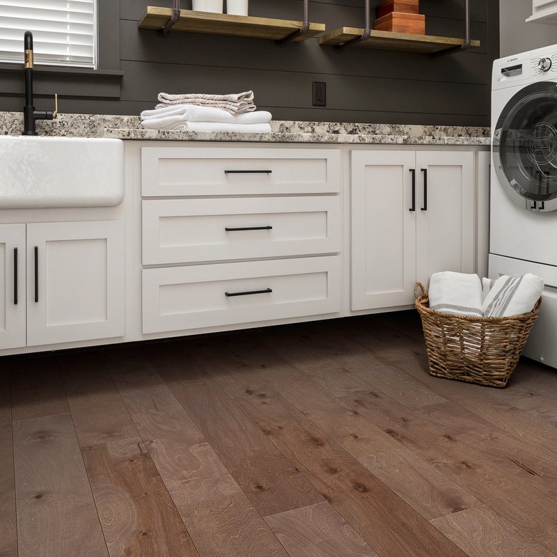 Basket laundry on a brown hardwood from Floortech Corporation in Greenwood