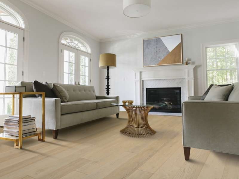 Light brown wood-look flooring in a family room with fireplace.